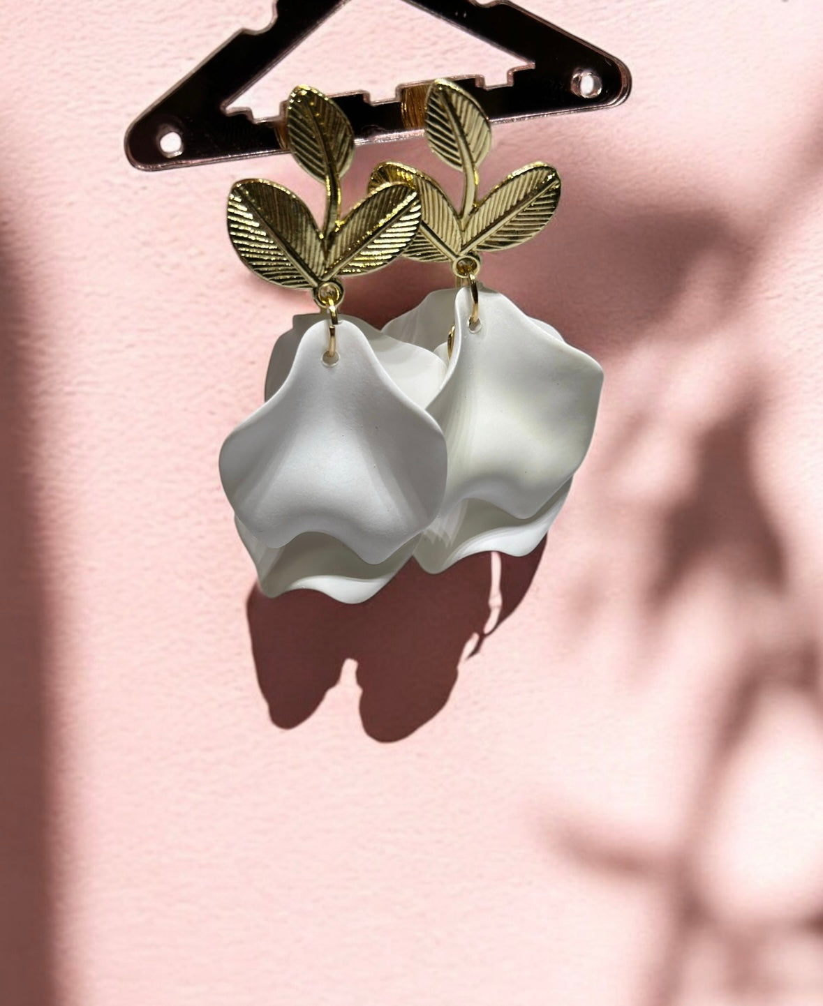 White matte flower earrings | golden leaf style earrings