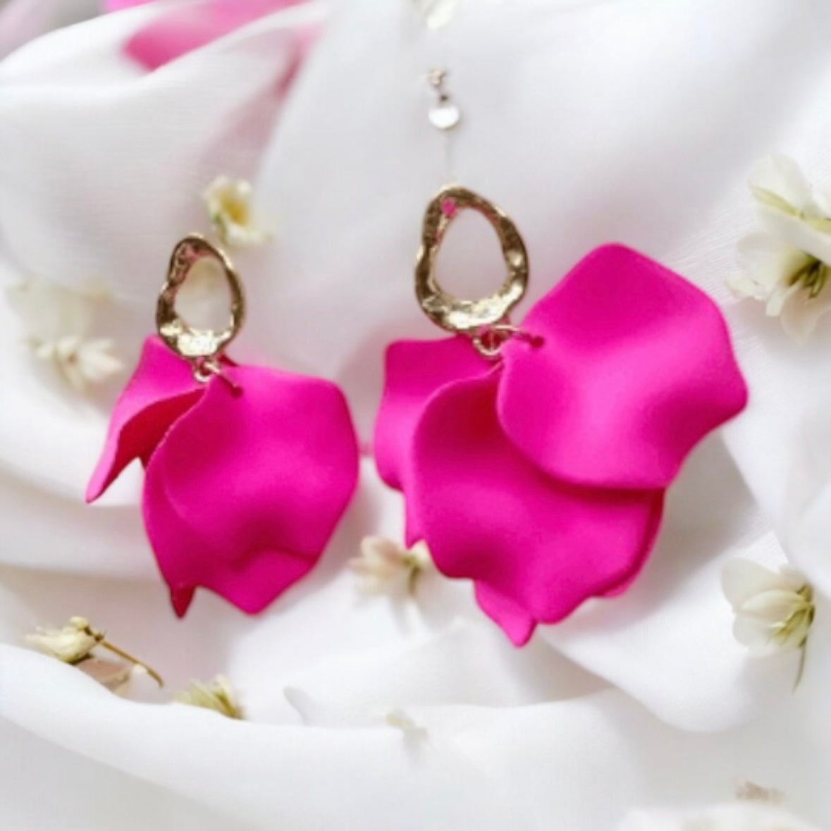 Hot pink flower earrings | dangle petals baroque earrings | unique gold geometric floral earrings | bridal party wedding earrings Inactive