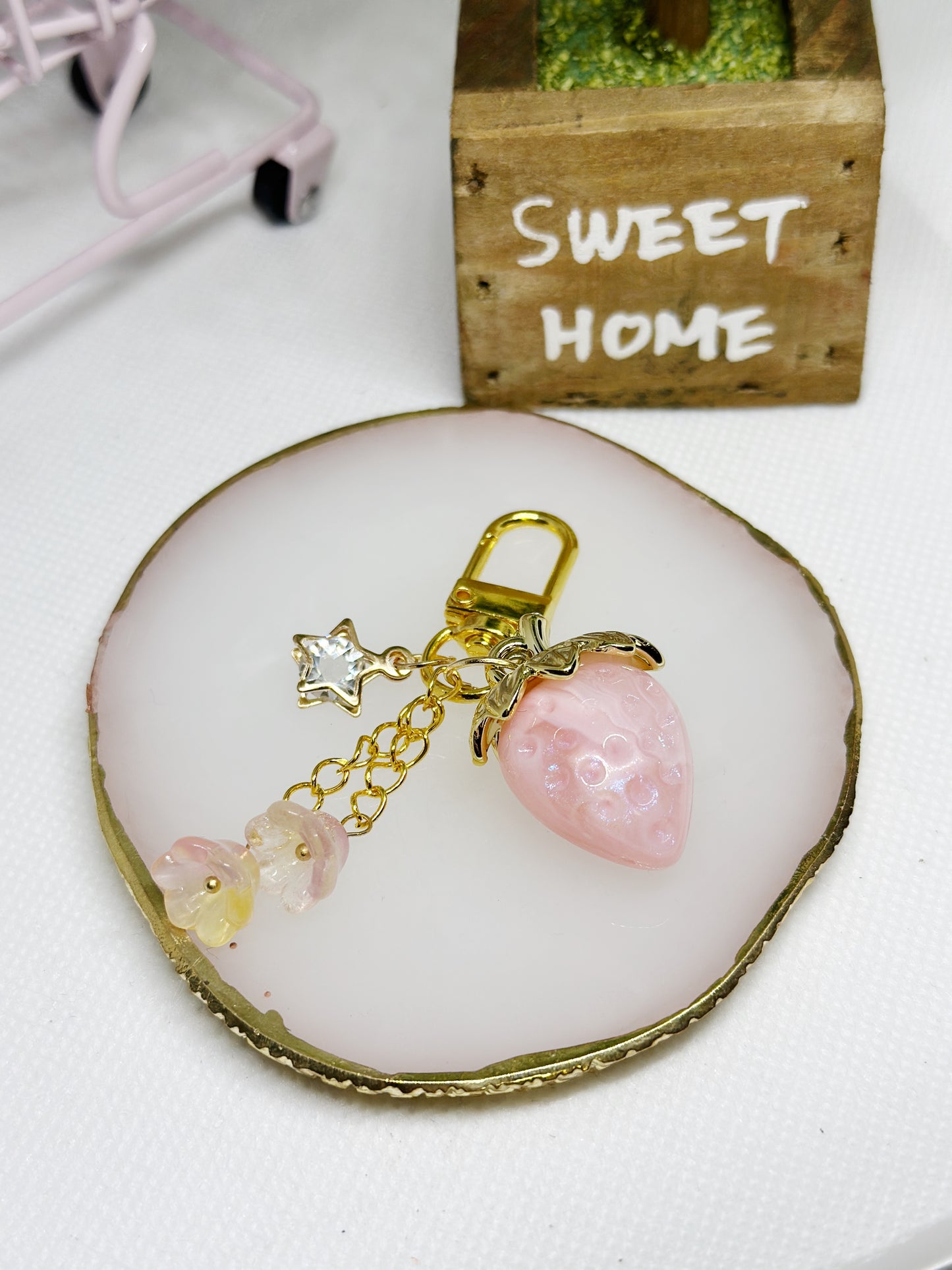 Pink jelly Strawberry bag charm | key chain | golden chain with heart bucket | y2k chain bag lover gift