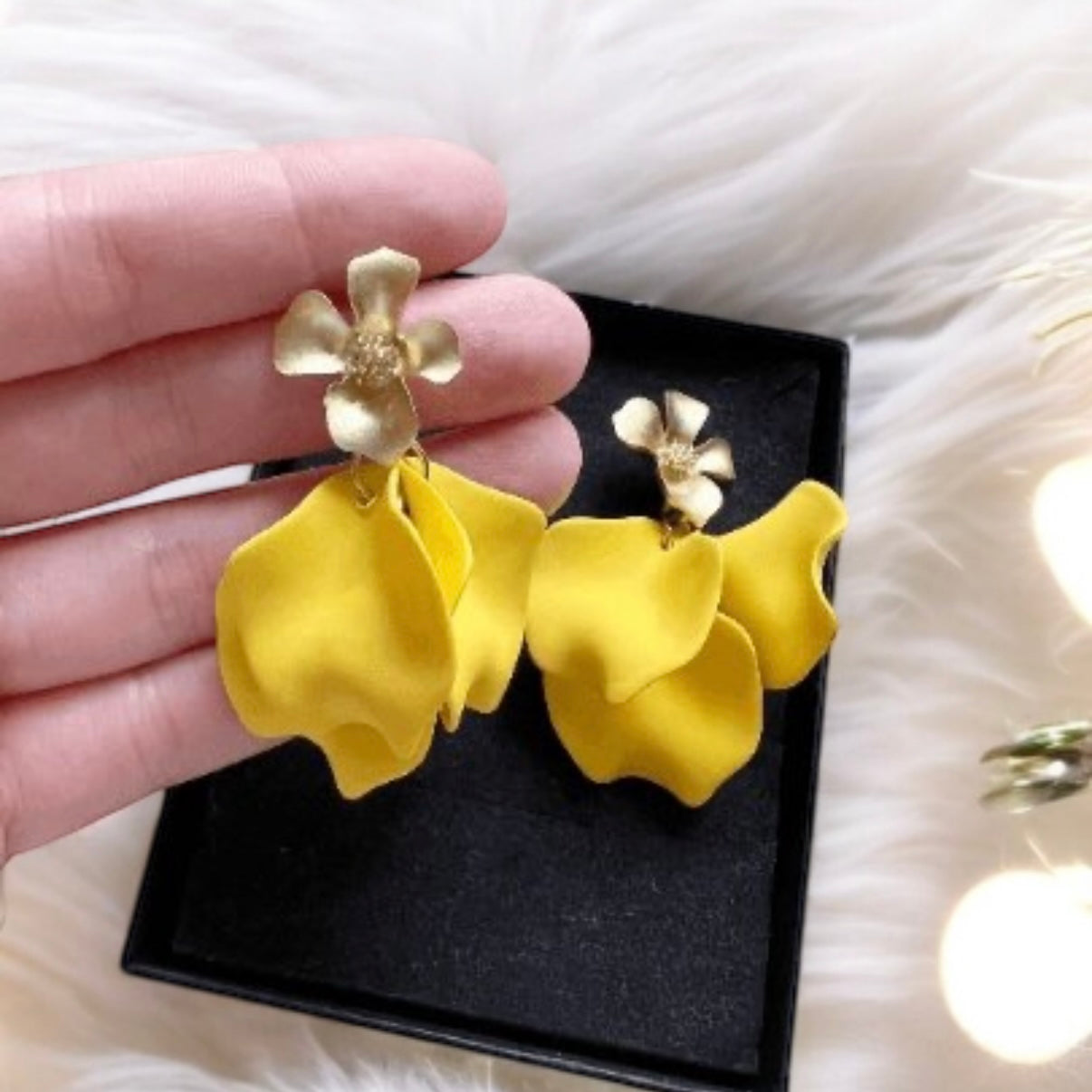 Bright yellow flower earrings | dangle petals baroque earrings | unique golden floral earrings | bridal party wedding earrings