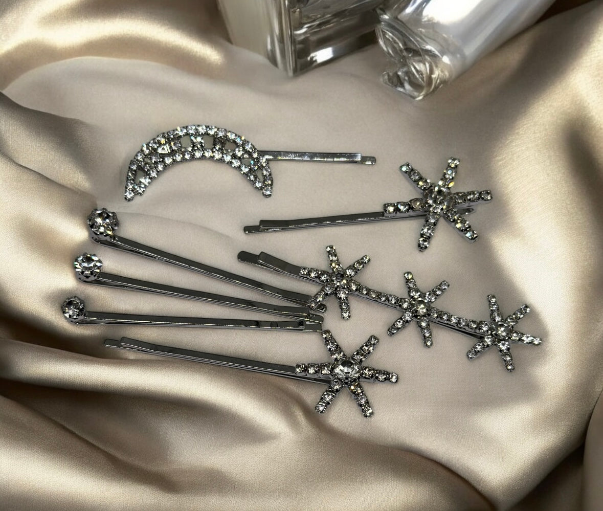 Silver glitter style celestial bridal hair clips set | rhinestones embedded vintage style hair slides | korean hair accessories | bobby pin