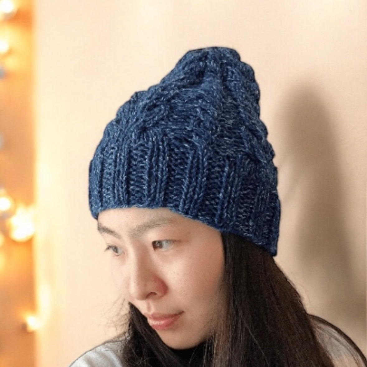 Handknit Dark Blue Cable Knitted Beanie with Denim Effect | blue knit hat | adult women or men beanie | Winter knit slouchy hat