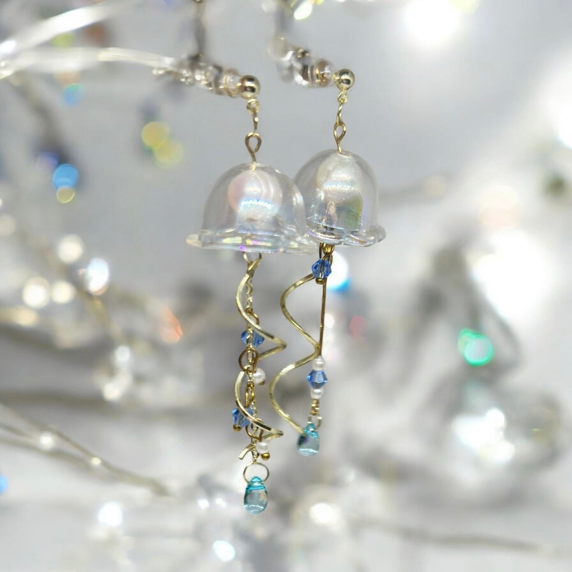 Blue sparkly clear Jellyfish earrings | sea creature zoology earrings | colourful clear iridescent dangle oversize earrings | halgoram earrings