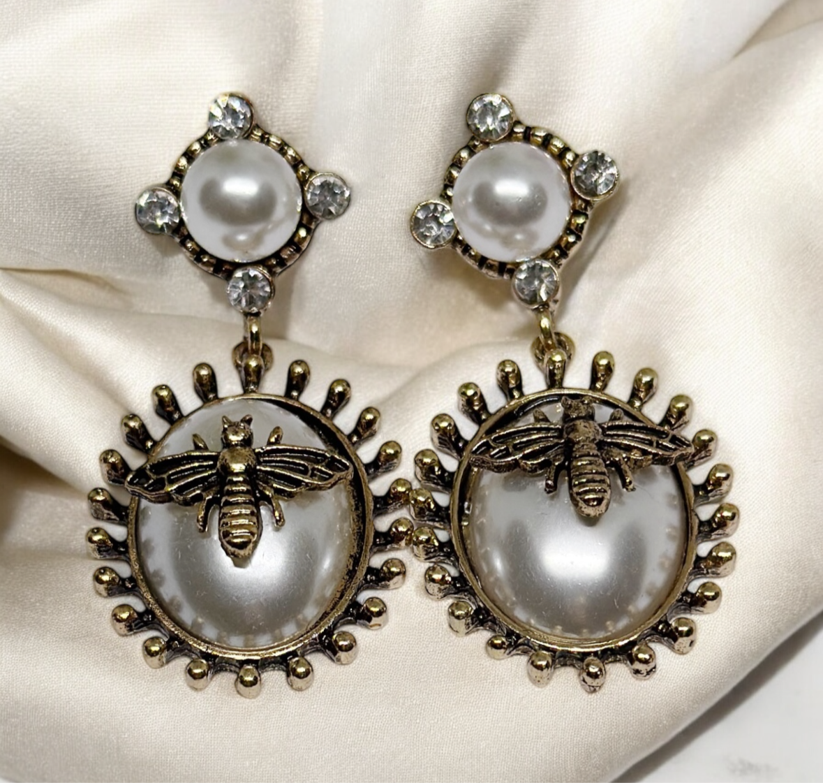 Gold bee black resin statement earrings with pearl| style pearl rhinestone earrings | rhinestone dangle oversize earrings