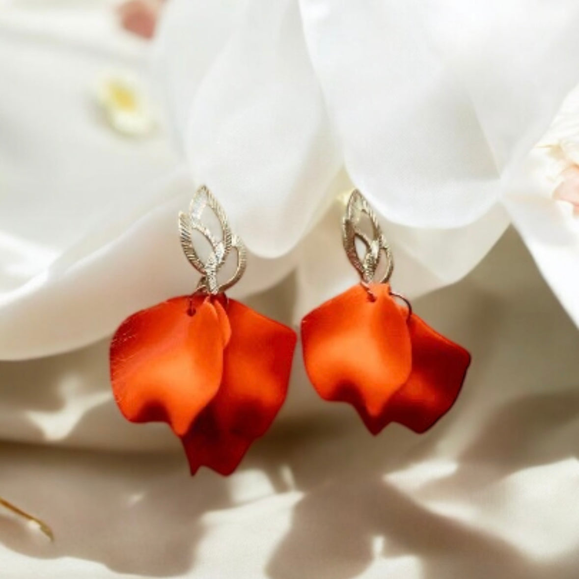 Bright orange flower earrings | dangle petals statement earrings | unique golden bar floral earrings | bridal party wedding earrings