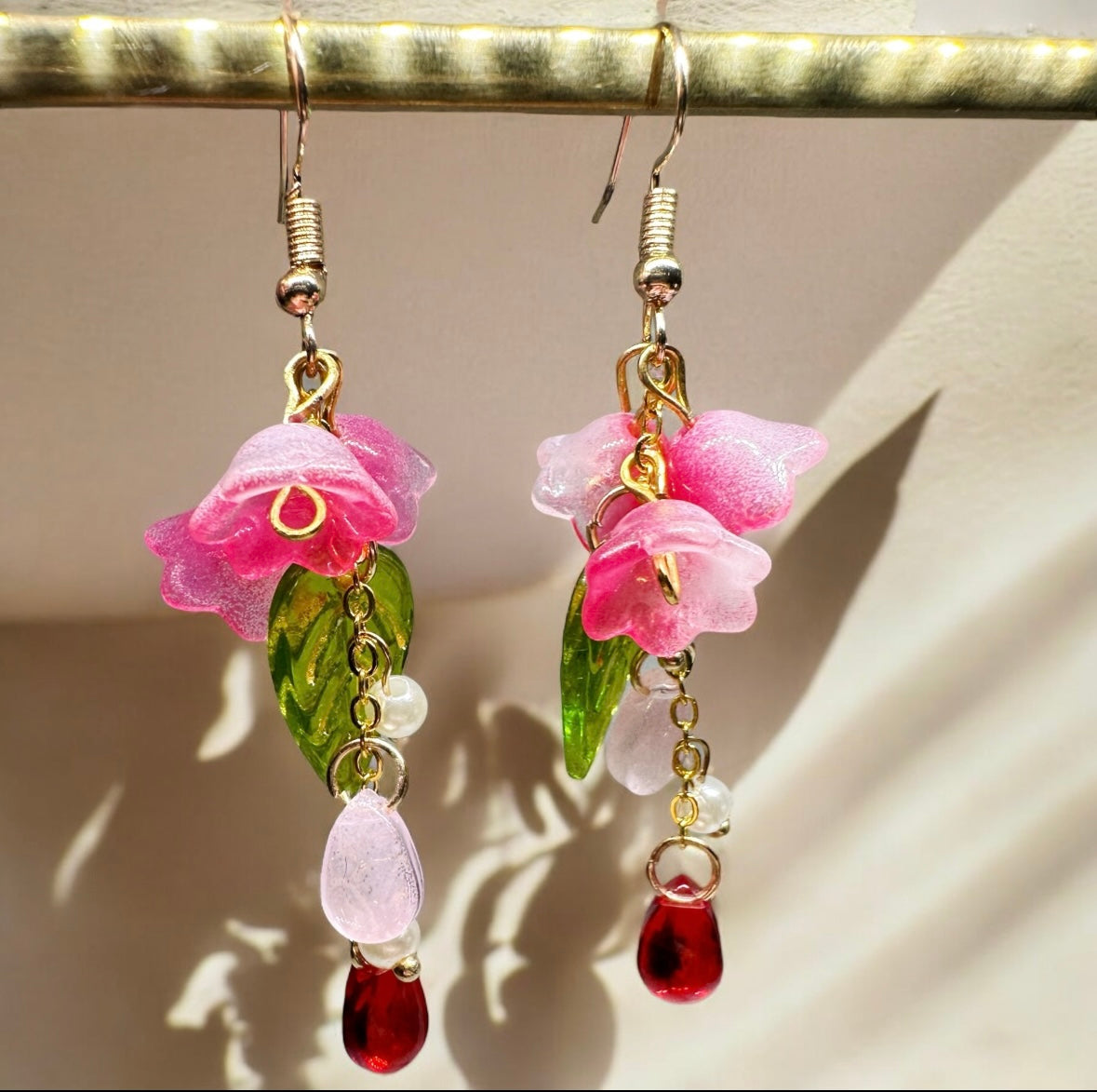 Pink Lily of the valley flower earrings