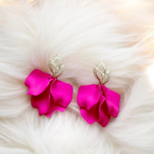 Hot pink petal flower earrings dangle matte petals floral earrings | golden leaf party wedding bridal earrings