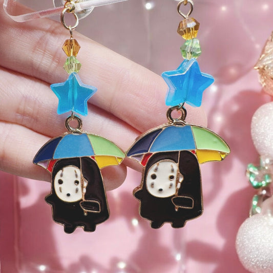 No face man earrings carry umbrella | japanese anime dangle earrings | oriental decor drop earrings| cute kawaii | howl’s earrings