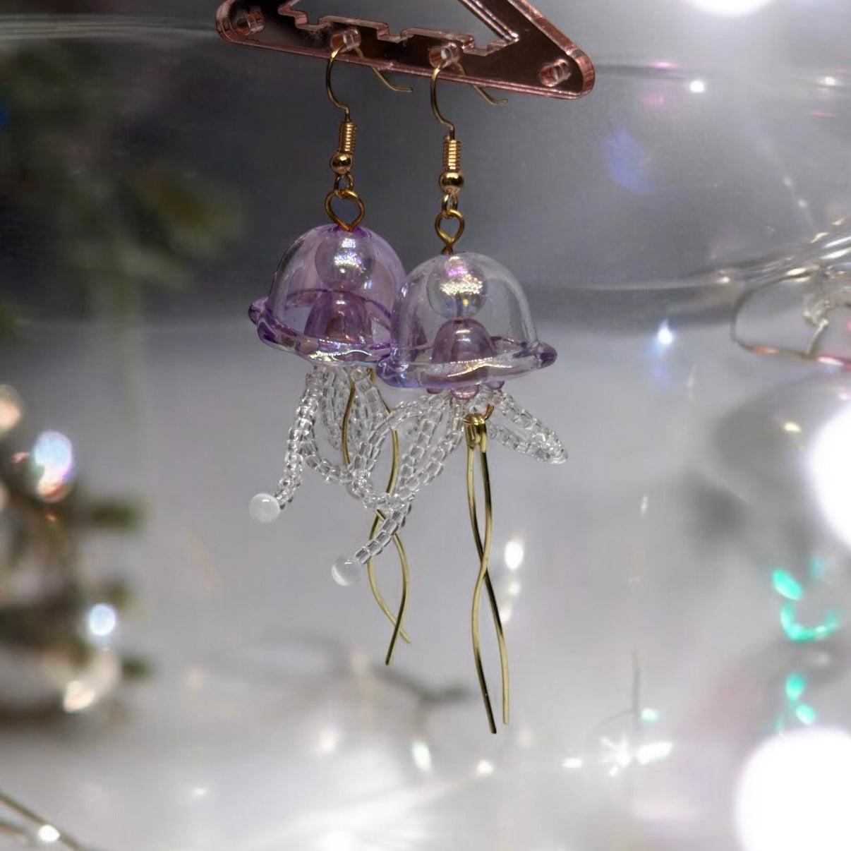 Colourful purple Jellyfish earrings | sea creature zoology earrings | colourful clear iridescent dangle oversize earrings | halgoram fun y2k earrings