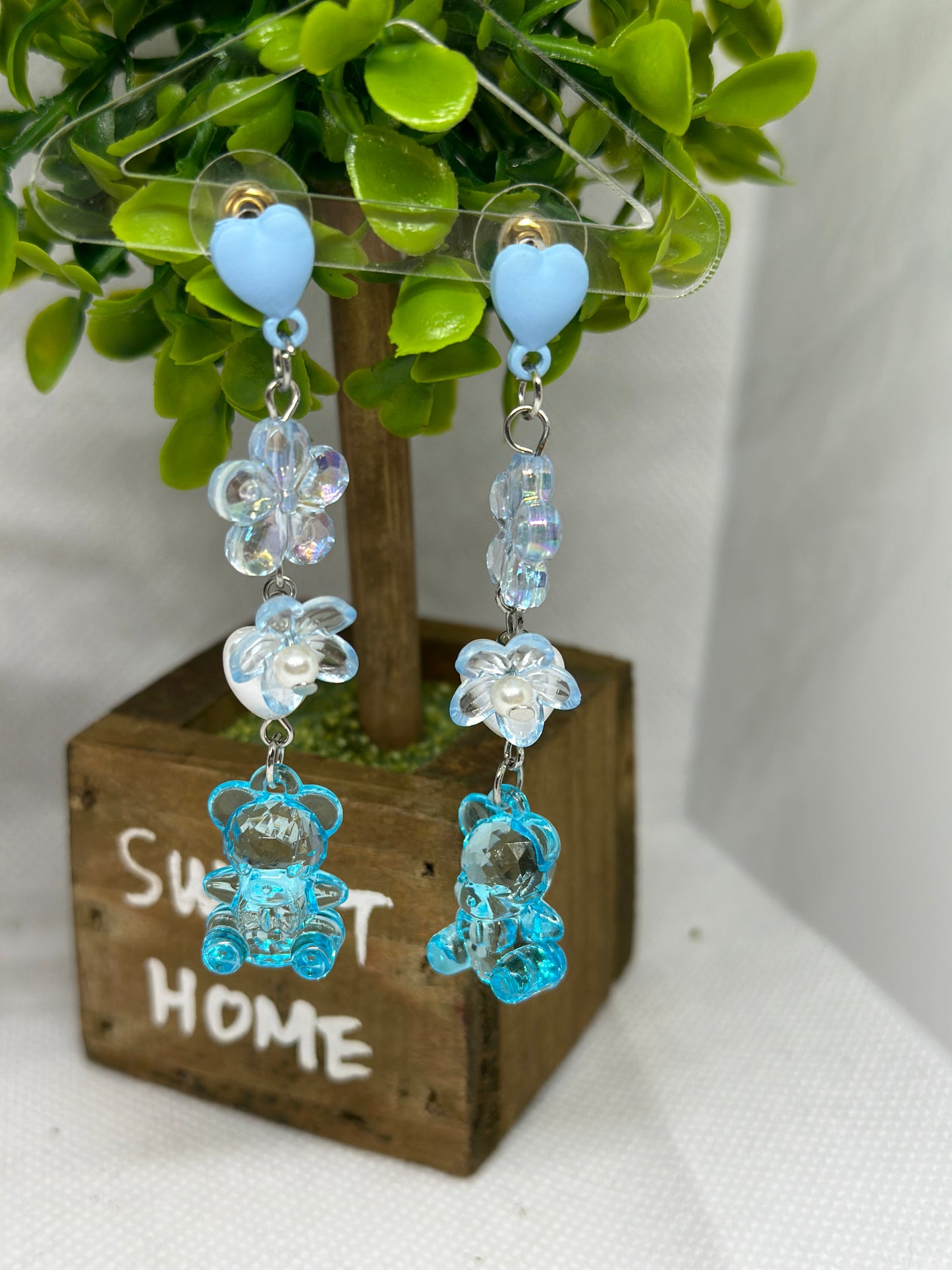 Blue glitter teddy bear earrings