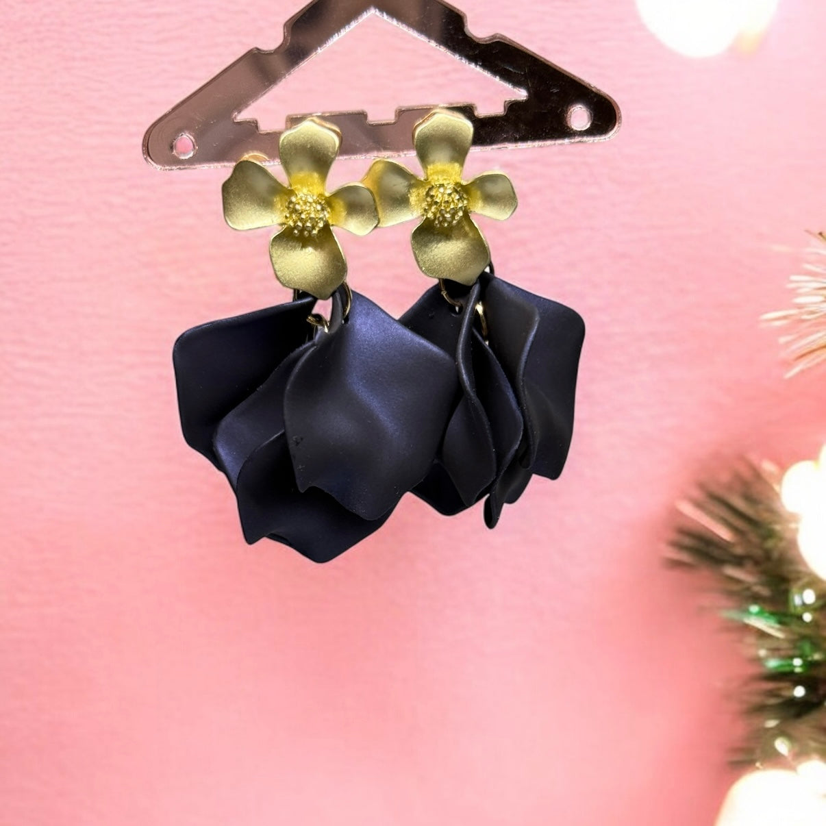 Navy blue flowers earrings dangly earrings | frosted petals hoop statement earrings | golden disc geometric floral earrings