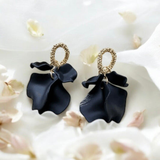 Pure black flowers earrings | frosted petals hoop earrings | statement earrings | golden wooden branches floral bridal earrings