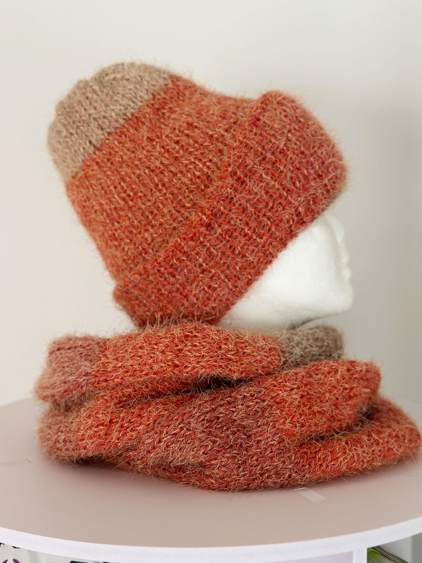 Handmade Double layered Knit beanie and circular scarf set | Winter Knit Hat foldable | matching scarf | soft and cozy (orange)