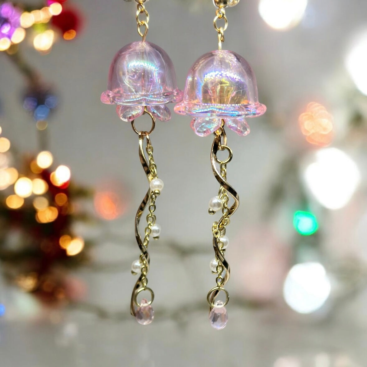 Pink sparkly clear Jellyfish earrings | sea creature zoology earrings | colourful clear iridescent dangle oversize earrings | halgoram earrings