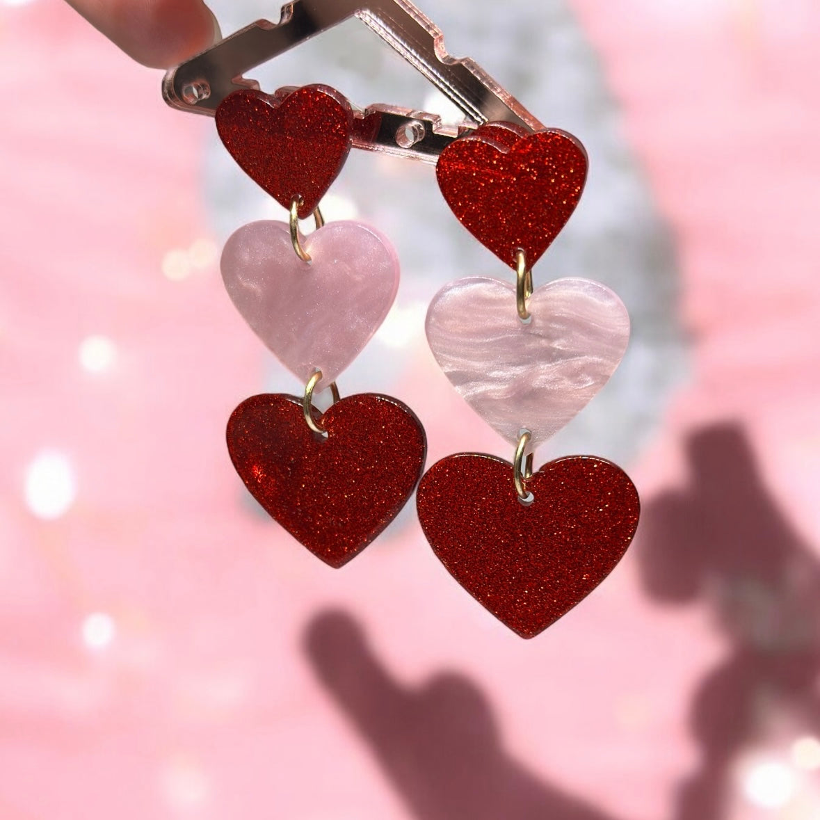 I Heart You | red blue resin triplet heart dangle earrings | Korean earrings | Pink shell earrings | Love Heart drop earrings | valentine