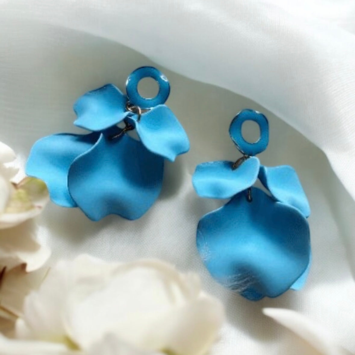 Blue flower earrings |dangly earrings | frosted petals hoop statement earrings | golden disc geometric floral bridal earrings