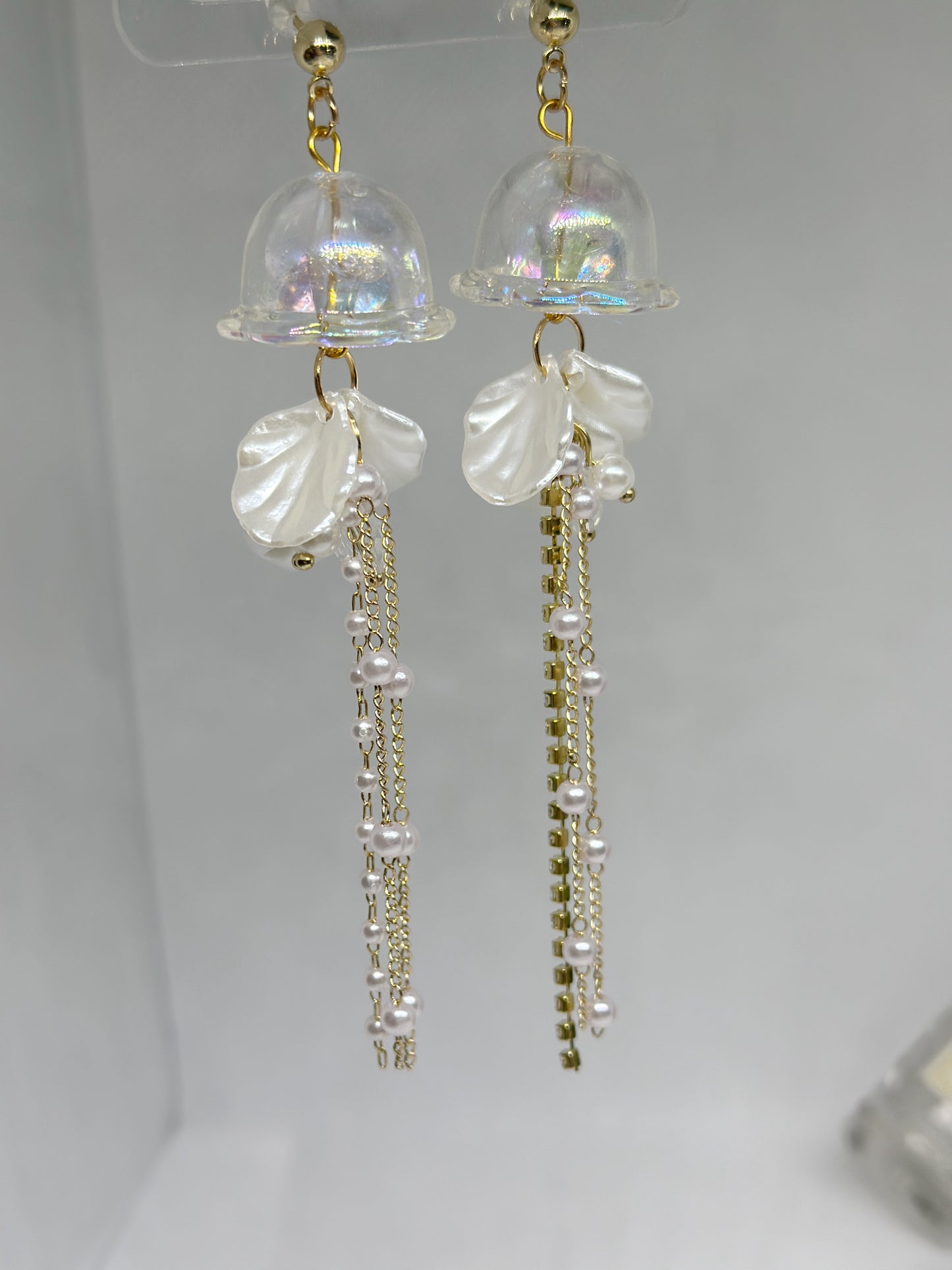 White sparkly clear Jellyfish earrings | sea creature zoology earrings | colourful clear rhinestones dangle earrings | halgoram fun y2k earrings