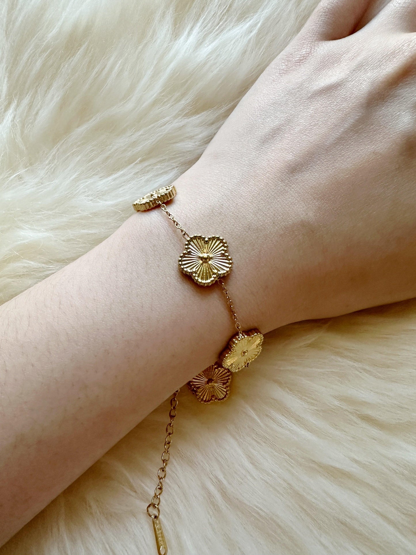 Golden bracelet with clover pattern | floral embossed | shinny decor bracelet