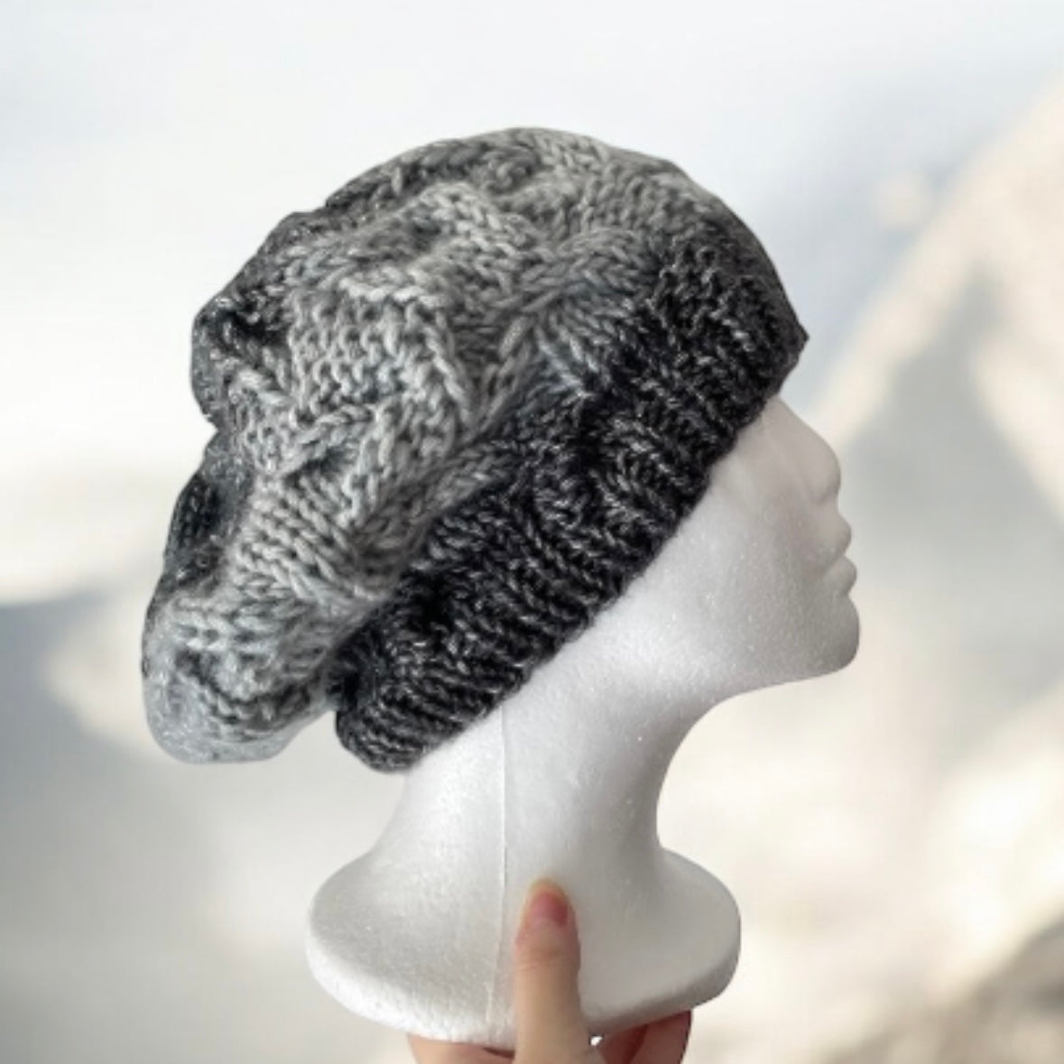 Handknit Cable Beanie | Knit Beret | Slouchy Hat in ombre grey and black | Knit beanie in monochrome tonal | Fluffy and cozy winter hat