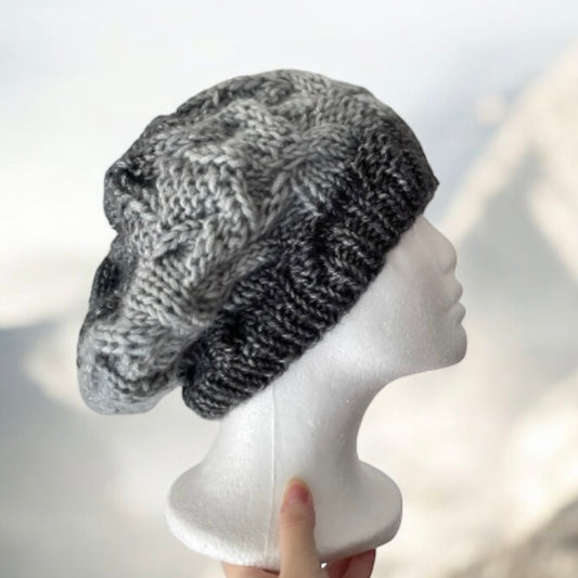 Handknit Cable Beanie | Knit Beret | Slouchy Hat in ombre grey and black | Knit beanie in monochrome tonal | Fluffy and cozy winter hat