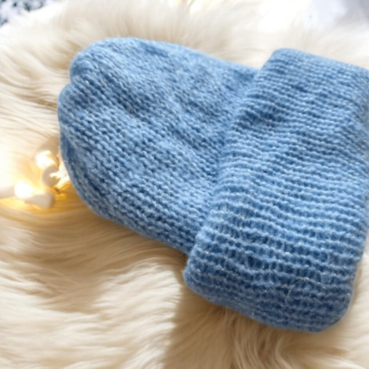 Handmade Double layered knit Beanie | Knit Beret | Slouchy Hat in ice blue glitter | Knit beanie in blue mix | Fluffy and cozy winter hat