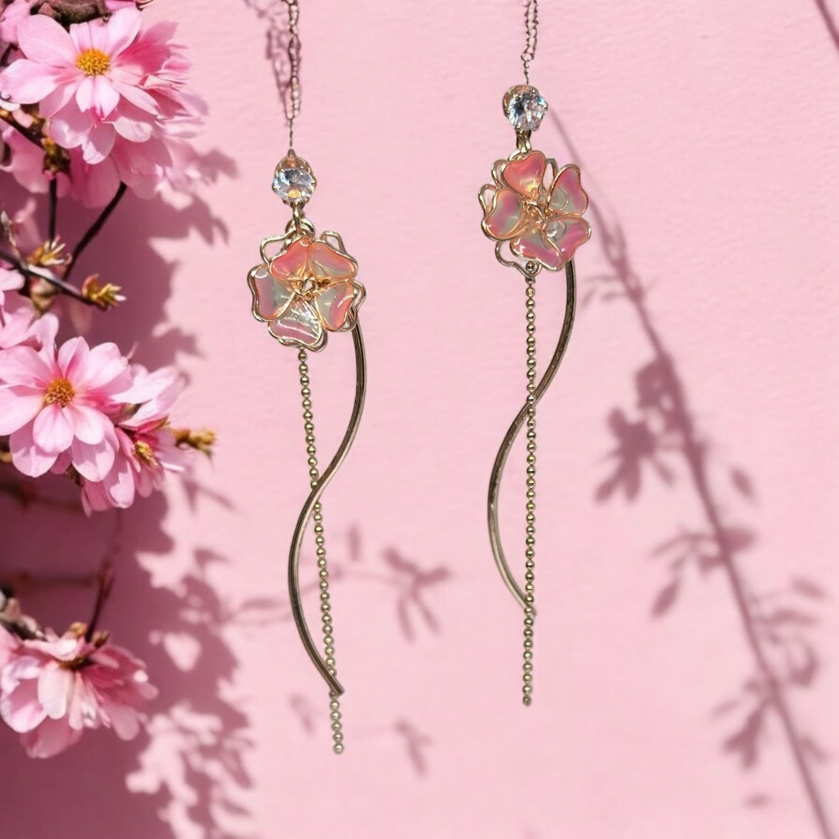 Sweet pink sakura earrings |Kawaii cute fun chain earrings | korean art colourful dangle earrings | buttefly flower crystal clear beads