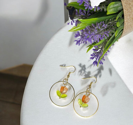 Tulip earrings | golden leaf mini flower earrings | elegant floral dangle hoop earrings