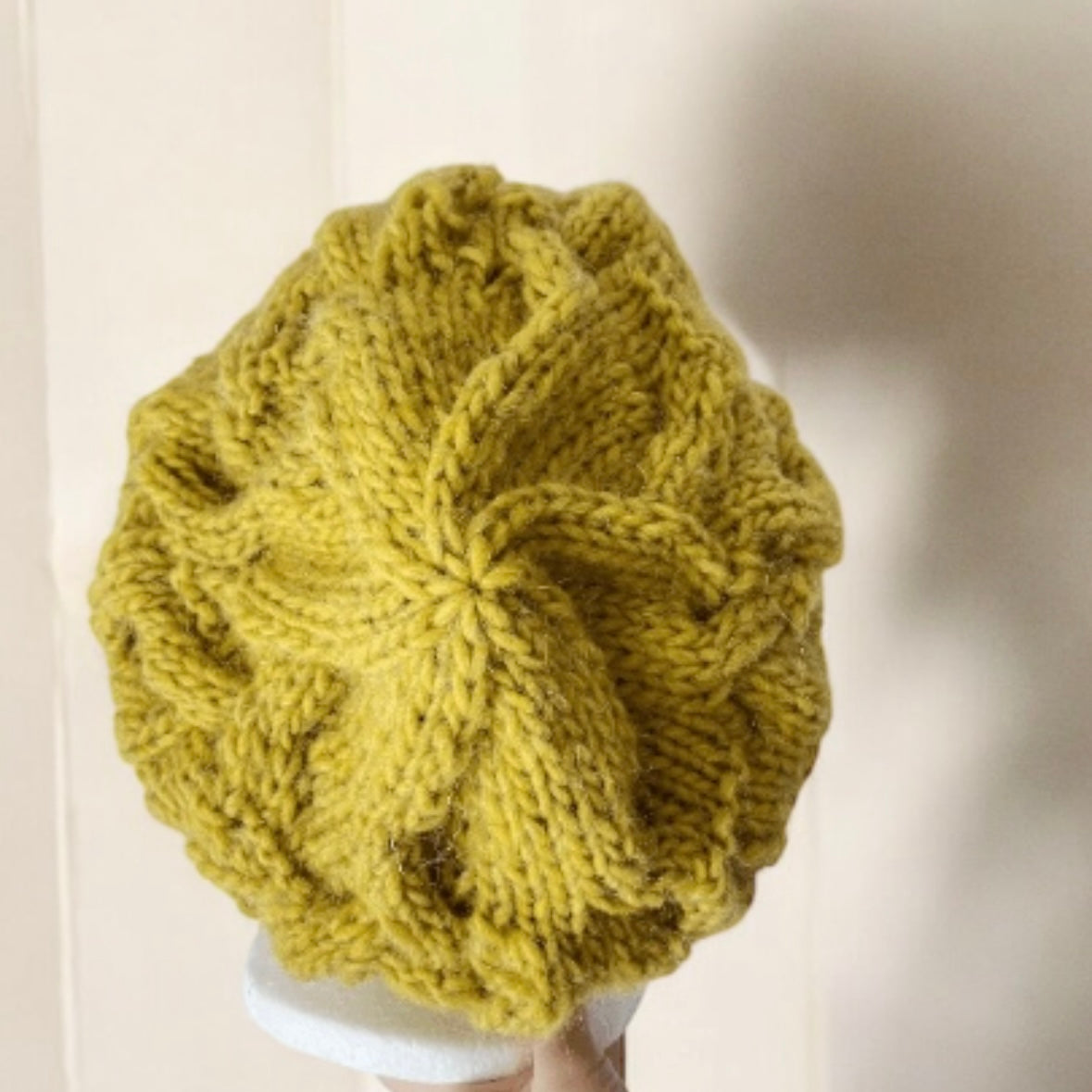 Handknit Cable Slouchy Beanie | Knit Beret | Slouchy Hat in yellow Knit beanie in chartreuse | Fluffy and cozy winter hat