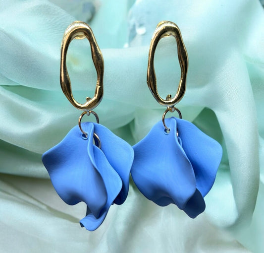 Pastel cornflower blue flower earrings |dangly earrings | matte petals colour statement earrings | unique gold geometric floral earrings