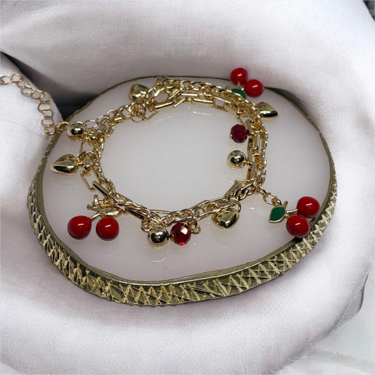 Golden chain bracelets with cherry and heart beads