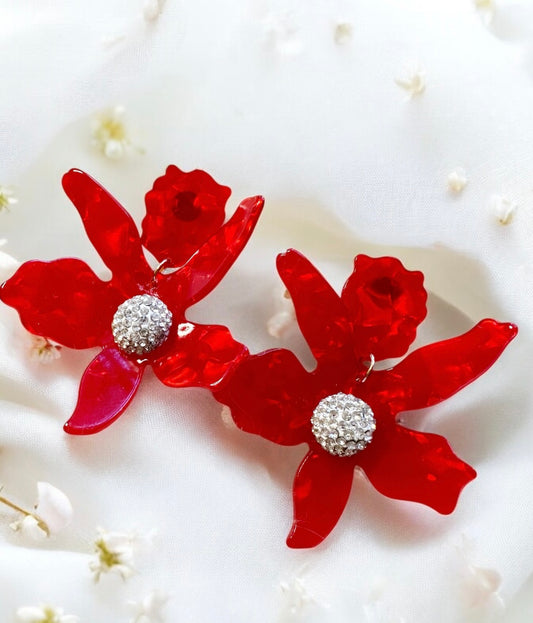 Red Acetate crystal flowers earrings | diamante rhinestones flower earrings | oversize spring blossom | floral statement earrings