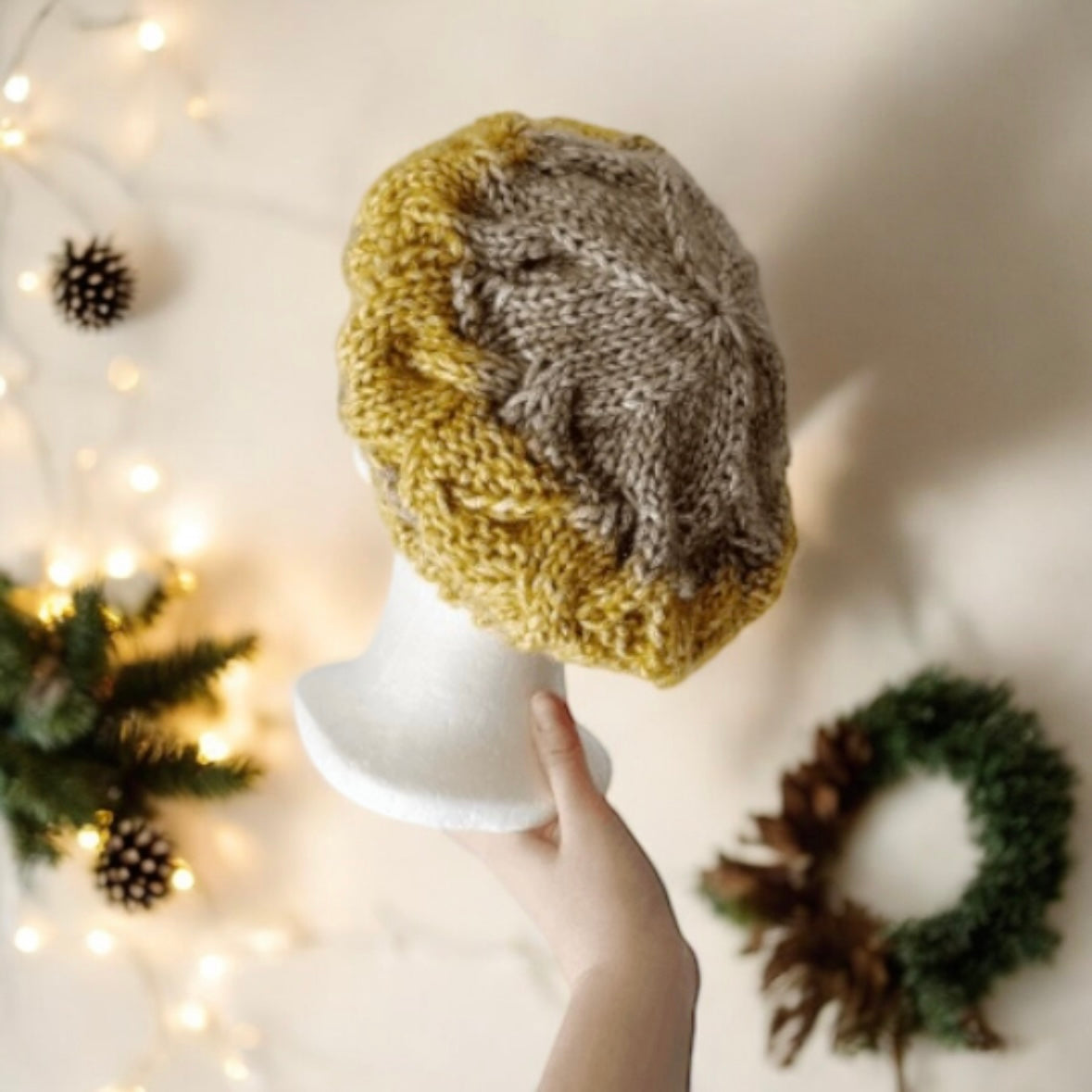 Handknit Cable Beanie | Knit Beret | Slouchy Hat in ombre yellow and brown | Knit beanie in beige | Fluffy and cozy winter hat