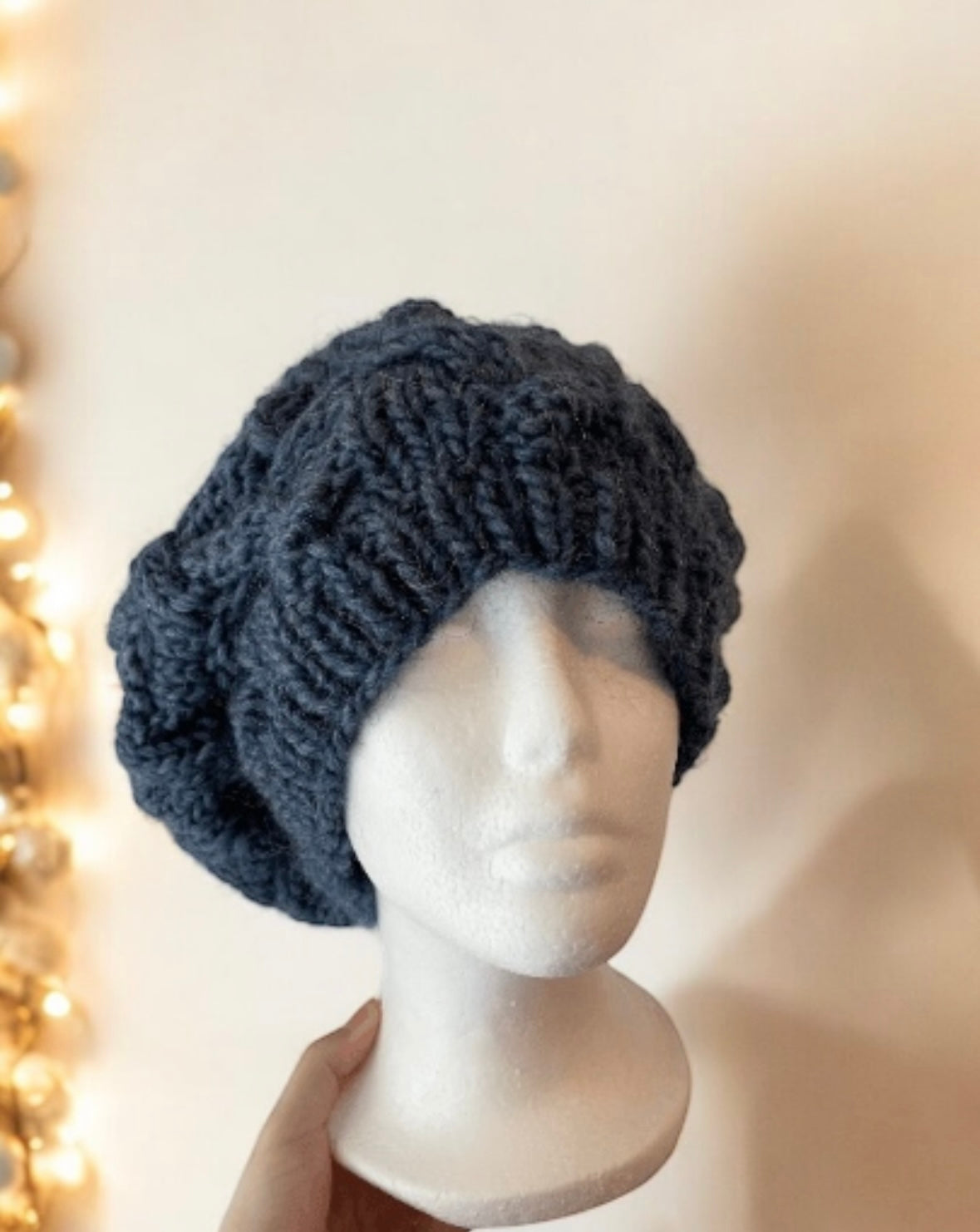 Hand knit Cable Slouchy Beanie | Knit Beret | Slouchy Hat in dark blue | Knit beanie in denim blue | Fluffy cozy winter hat Inac