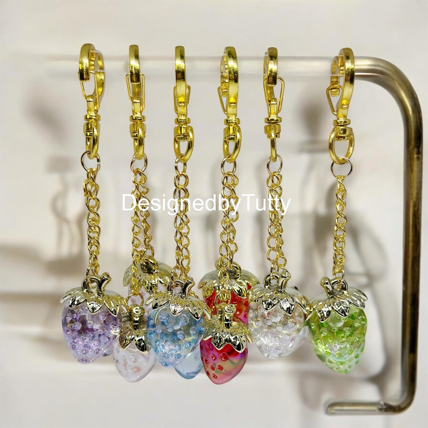 Strawberry bag charm | key chain | golden chain with heart bucket | y2k chain | bag lover gift