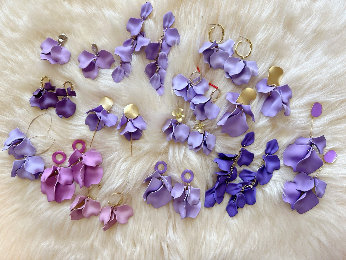 Lilac purple flower earrings |dangly earrings | matte petals colour statement earrings | unique gold geometric floral earrings - TuttyKnitty