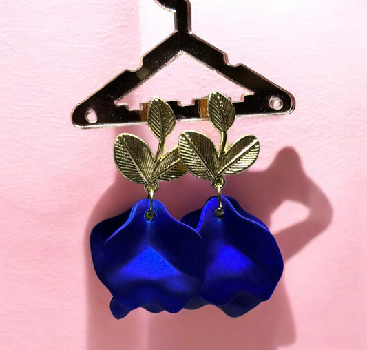 Royal blue iridescent flower earrings | golden leaf style