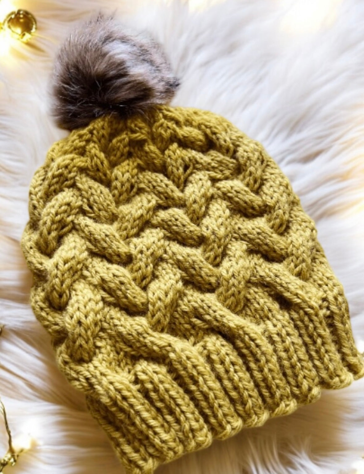 Handknit Cable Brim Beanie | Knit Beret | Slouchy Hat in mustard | Knit beanie in yellow | Fluffy cozy fur pom pom winter hat