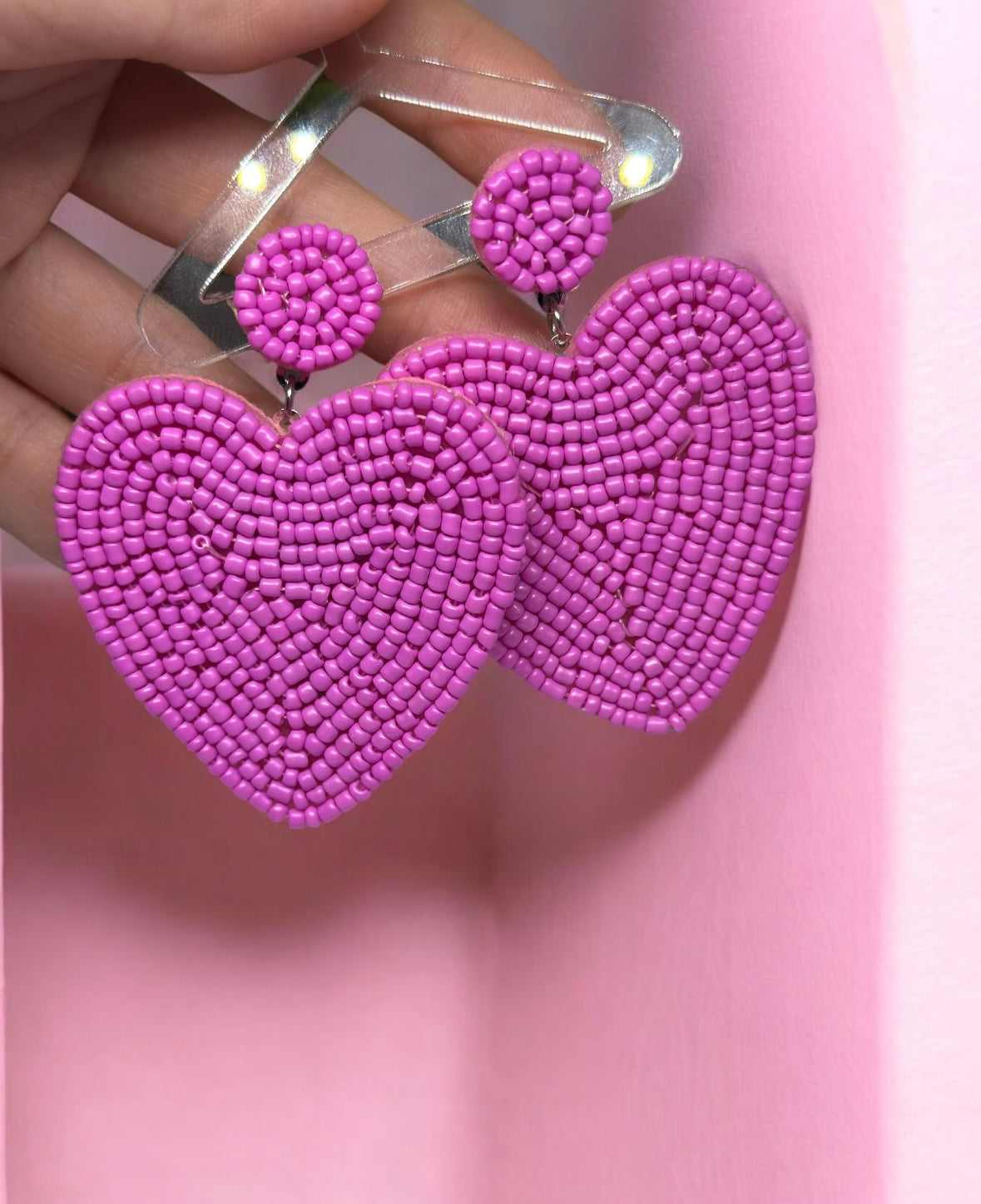 I HEART YOU Golden heart shaped earrings embossed | pink beaded oversize statement earrings | gold love earrings valentine