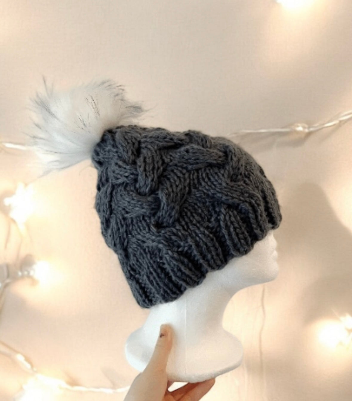 Handknit Cable Beanie | Knit Beret | Slouchy Hat in dark grey | Knit beanie in charcoal | Fluffy cozy fur pom pom winter hat