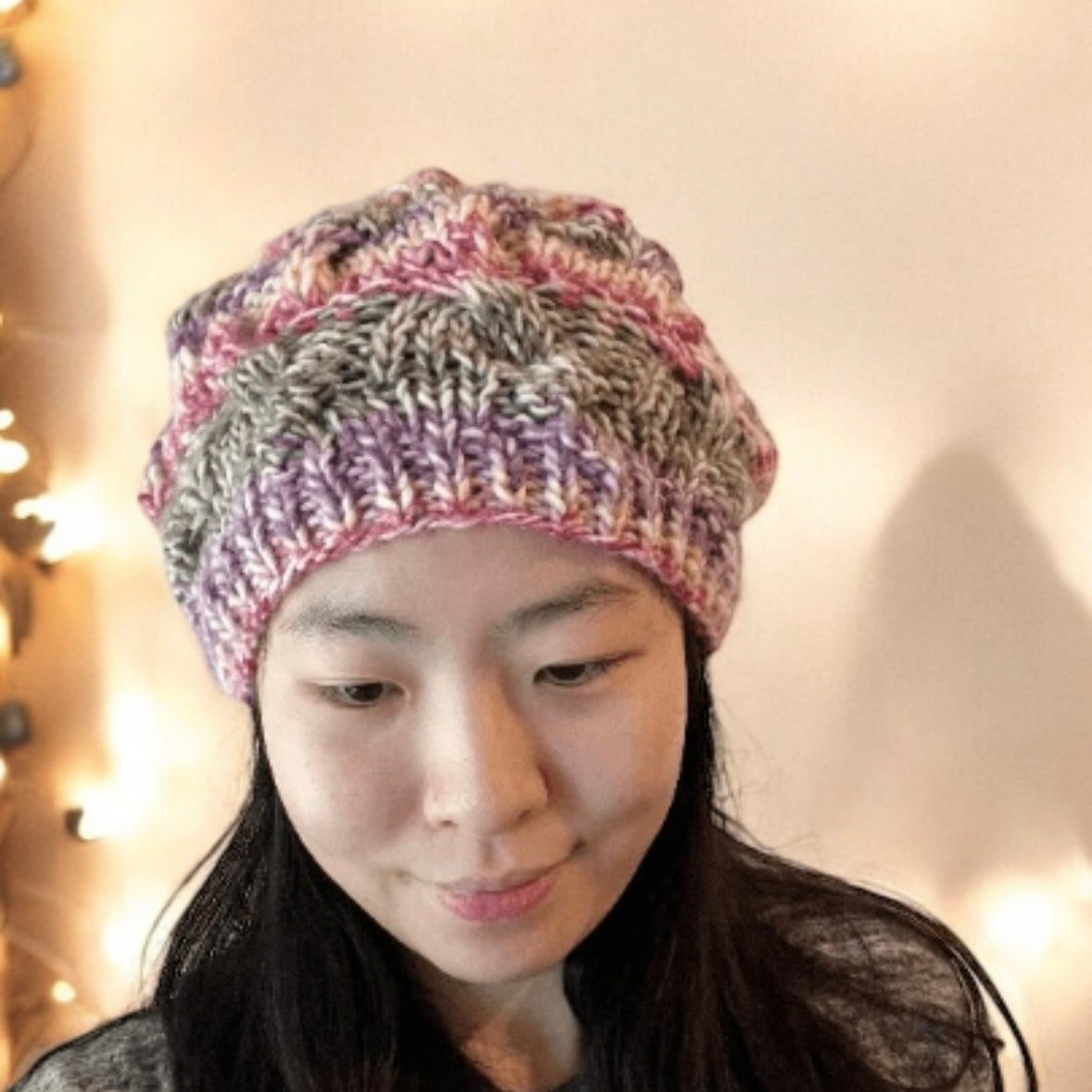 Handknit Cable Slouchy Beanie | Knit Beret |Slouchy Hat in marshmallow wildberry | Knit beanie pink purple | Fluffy chunky cozy winter hat