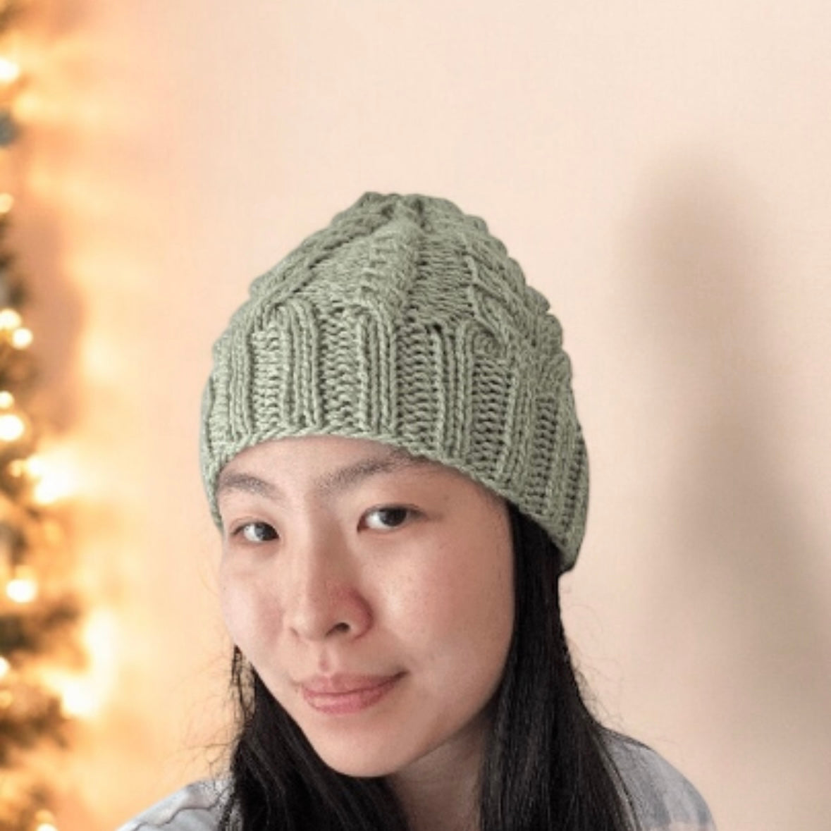 Handknit Sage green colour Cable Knitted | pastel colour autumn tone knit hat | adult women or men beanie | Winter knit briaded hatty light purple hat