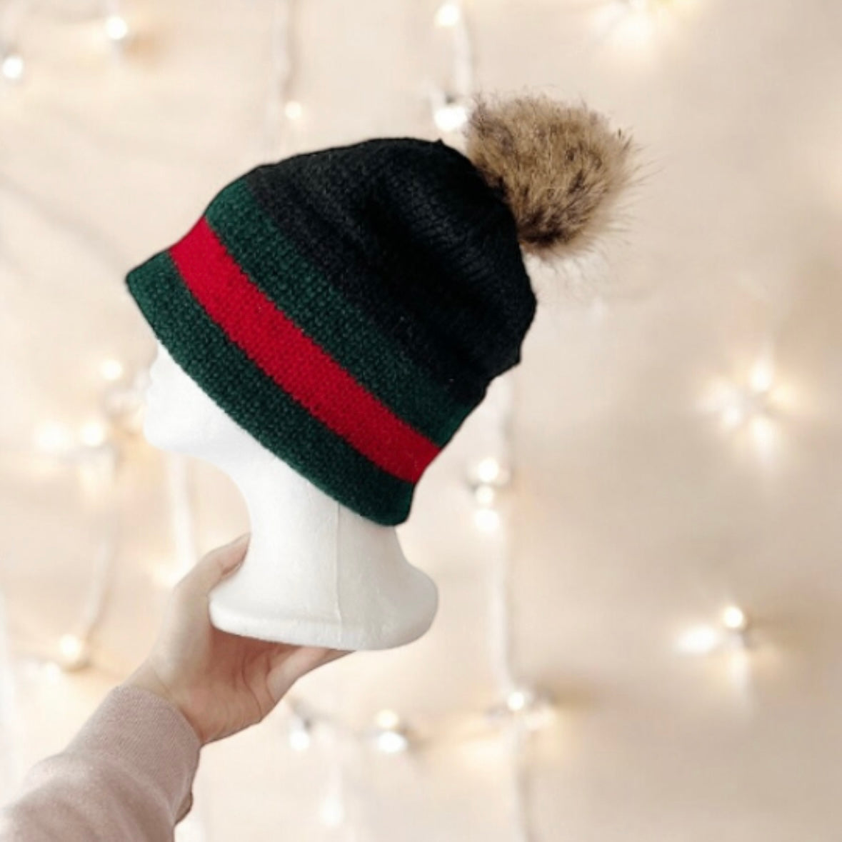 Double brim beanie | faux fur pompom | designer inspired style colour