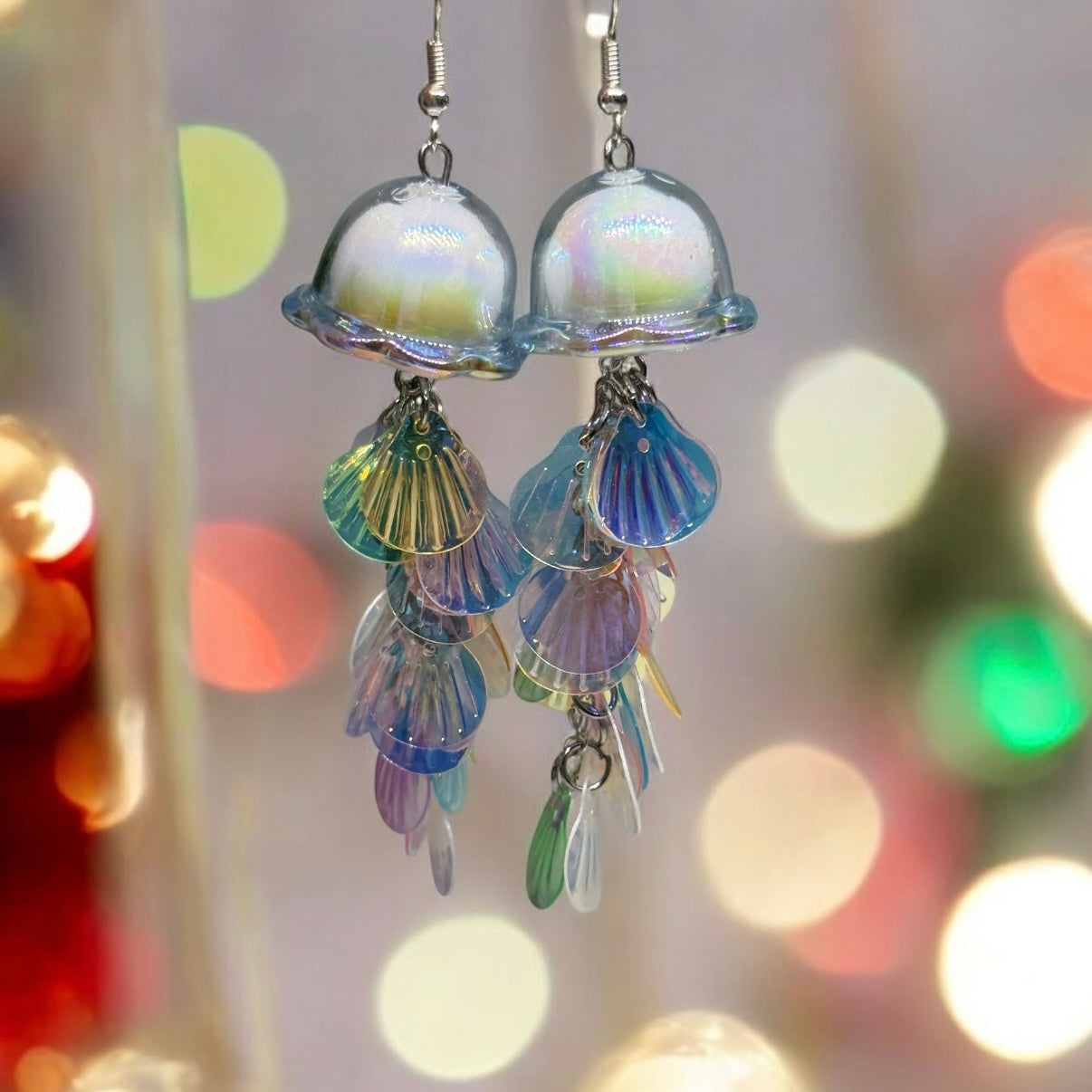 Mermaid blue Jellyfish earrings | sea creature zoology earrings | colourful clear iridescent dangle earrings | halgoram fun y2k earrings