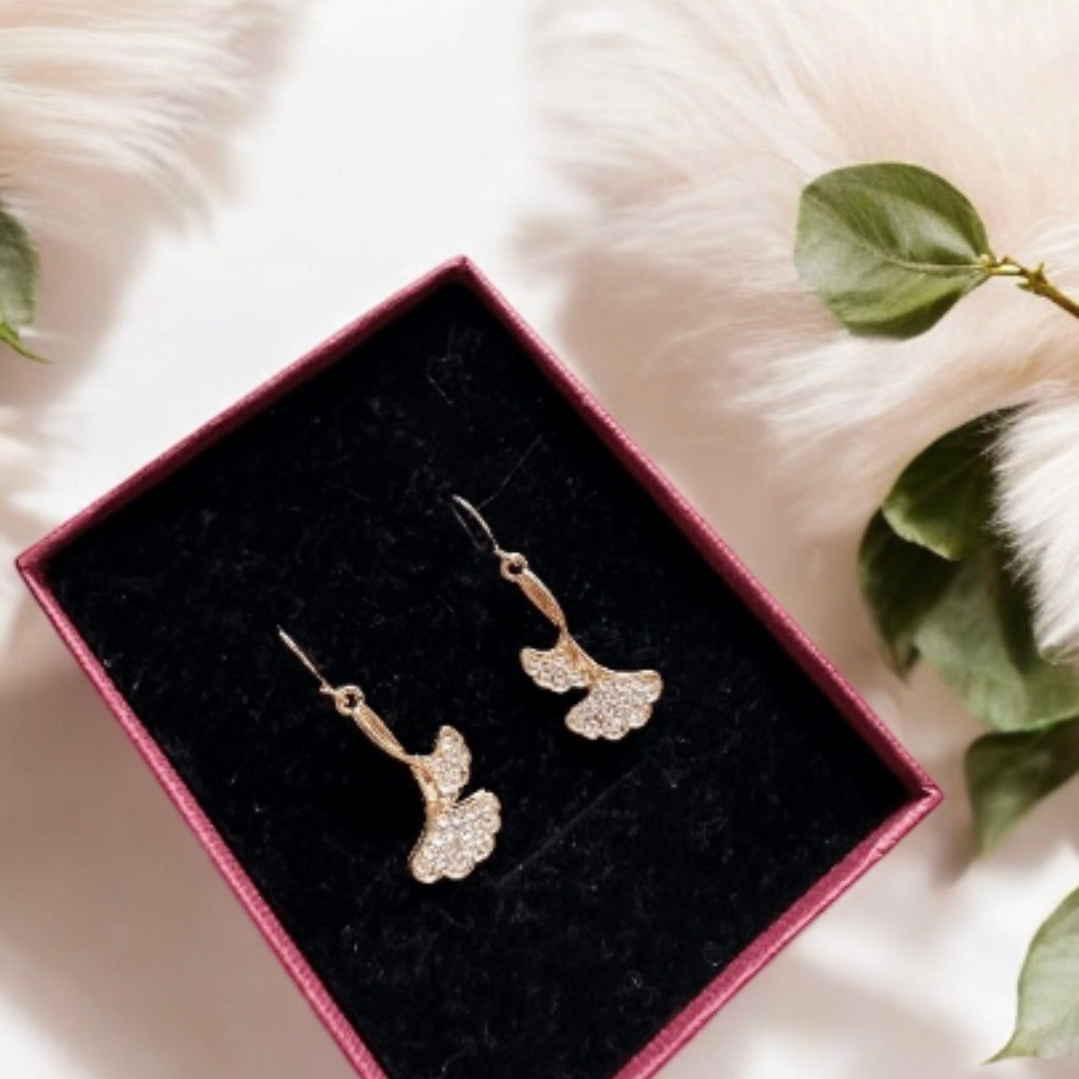 Ginkgo leaf Flower Gold statement earrings | mini rhinestone dangly drop earrings | floral geometric earrings | Korean earrings