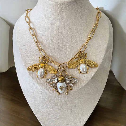 Vintage style Gold and white bee charm necklace