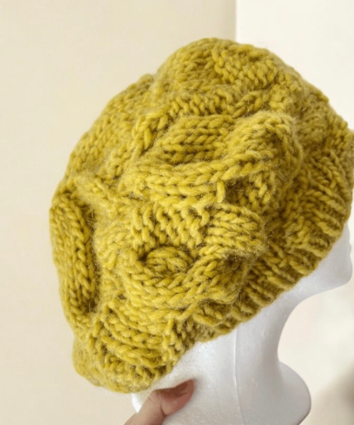 Handknit Cable Slouchy Beanie | Knit Beret | Slouchy Hat in yellow Knit beanie in chartreuse | Fluffy and cozy winter hat