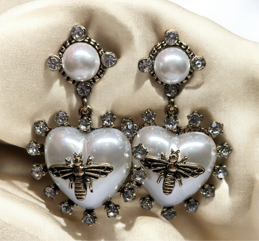 Gold bee heart statement earrings with pearl| vintage style pearl rhinestone earrings | rhinestone dangle oversize earrings I