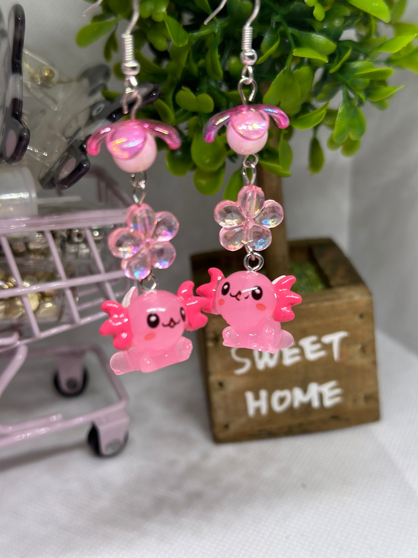 Pink Axolotl earrings | 3d dangle earrings | sea creature earrings