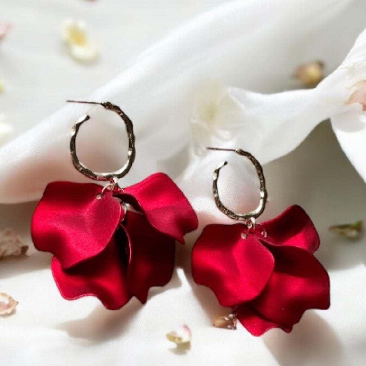 Hot red flowers earrings| bridal party wedding earrings | unique iridescent earrings | golden crumpled floral earrings