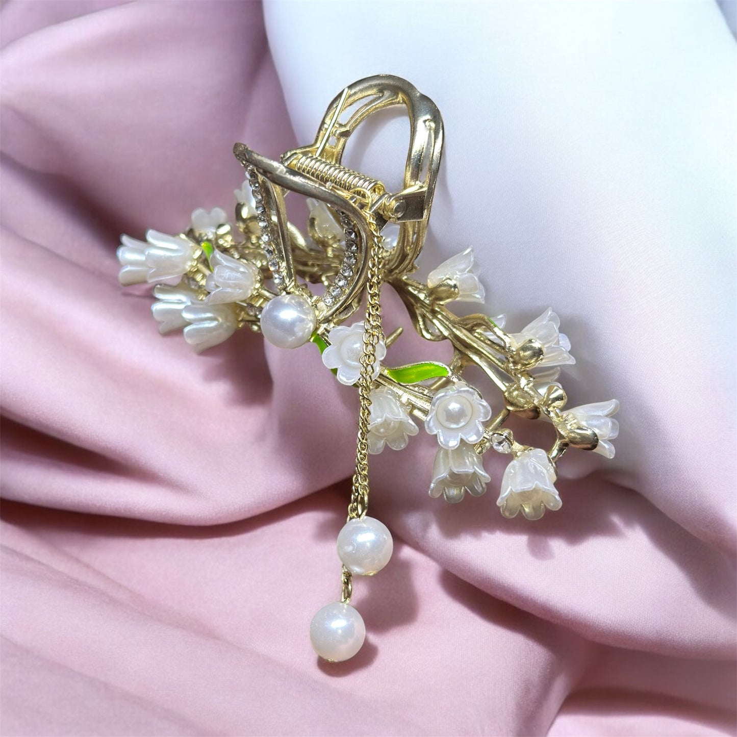 Lily of the valley with rhinestone and pearl hair claw | fairy theme hair decor